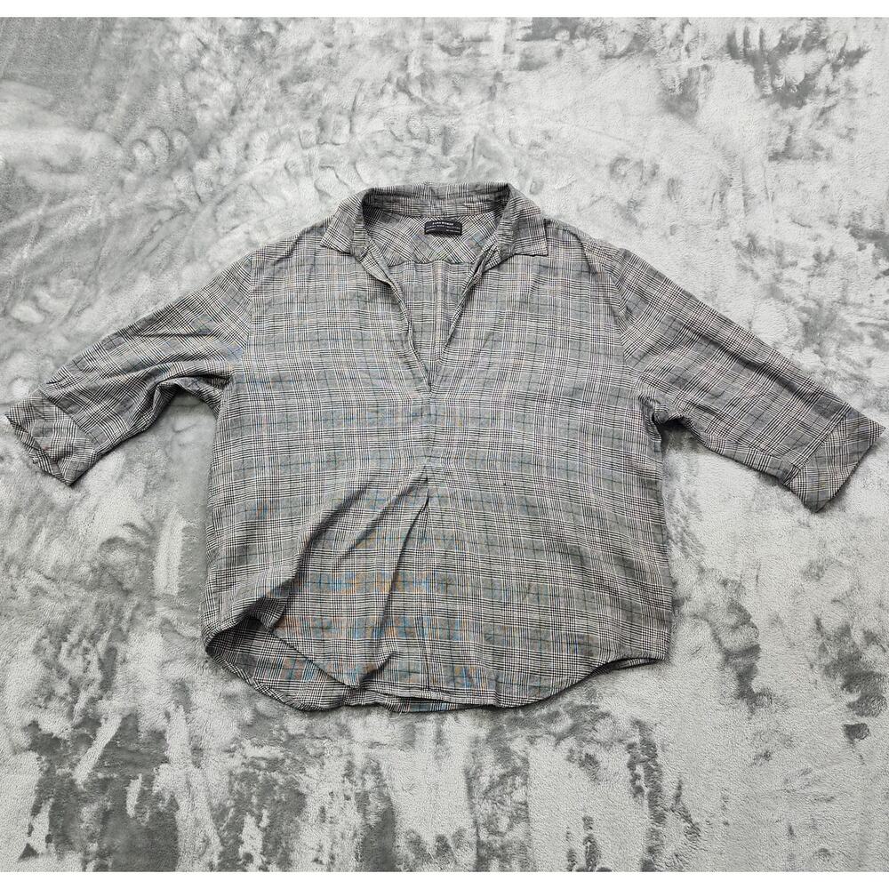 Zara Premium‎ Denim Collection Top Womens M Black Green Plaid 3/4 Sleeve Popover